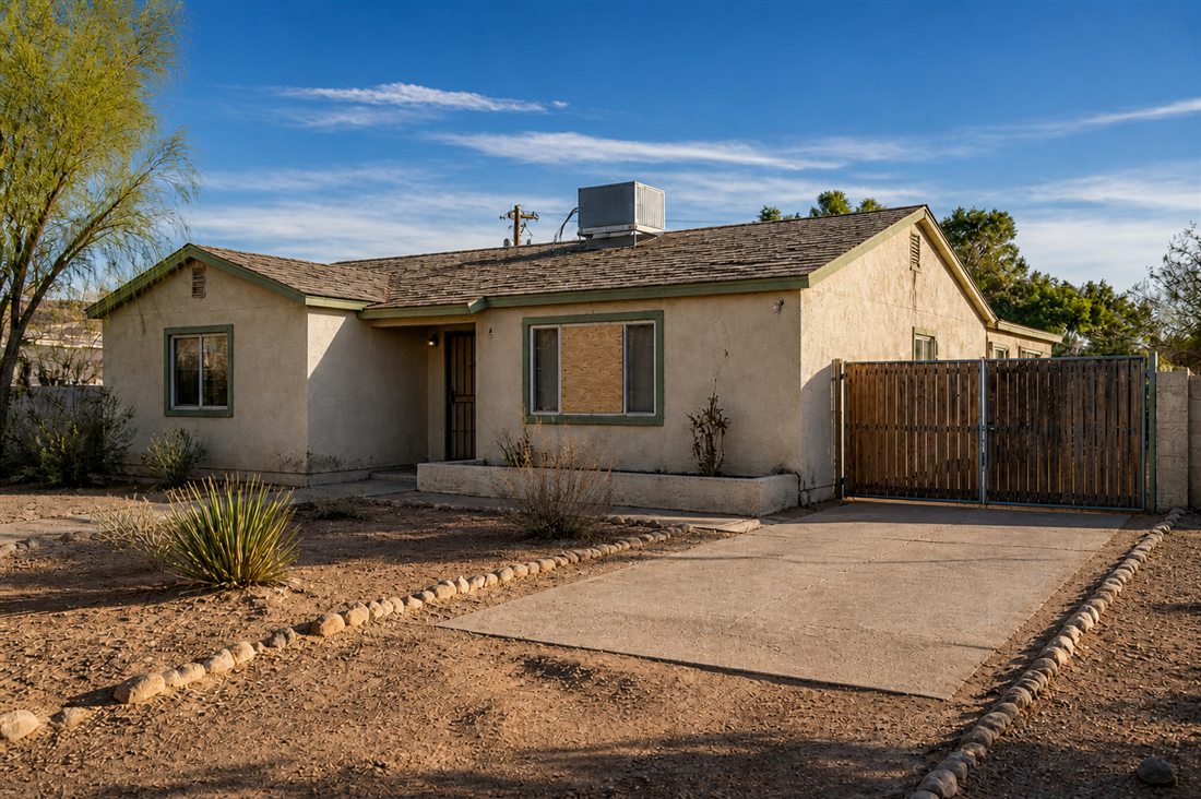 Modest Tucson home with a boarded center front window pane and weathered roof
